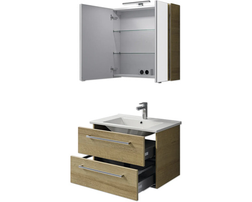Badkamermeubelset Pelipal Cavallino (B x H x D 75 x 200 x 45 cm), frontkleur: Riviera eiken, met witte keramische wastafel, badmeubel met greep en spiegelkast met LED-verlichting