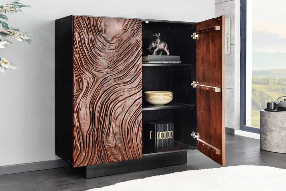 Massives Highboard FLUID 110cm walnuss-braun Akazienholz aufwendiges 3D-Design