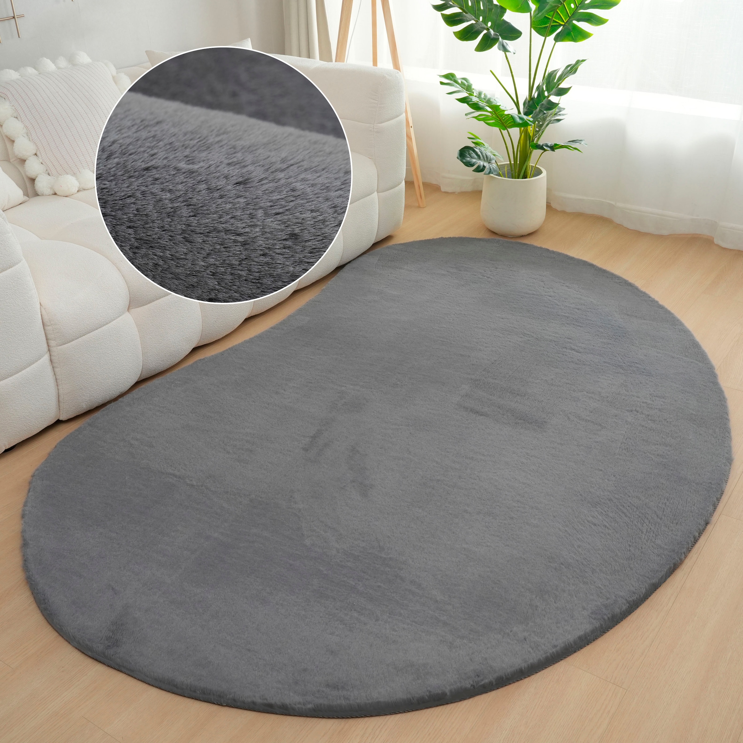 Bruno Banani Hochflor-Teppich »Rabbit 2 Bean, Kunstfell Teppich, Modern, besondere Form« U-förmig 25 mm Höhe Kaninchenfell-Haptik, Microfaser, Wohnzimmer, Schlafzimmer, Esszimmer