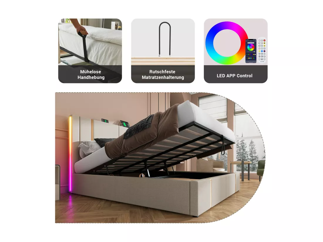 Lit coffre 180 x 200 cm avec tête de lit - Prises USB et Type-C - LEDs - Tissu en lin - Beige (sans matelas)