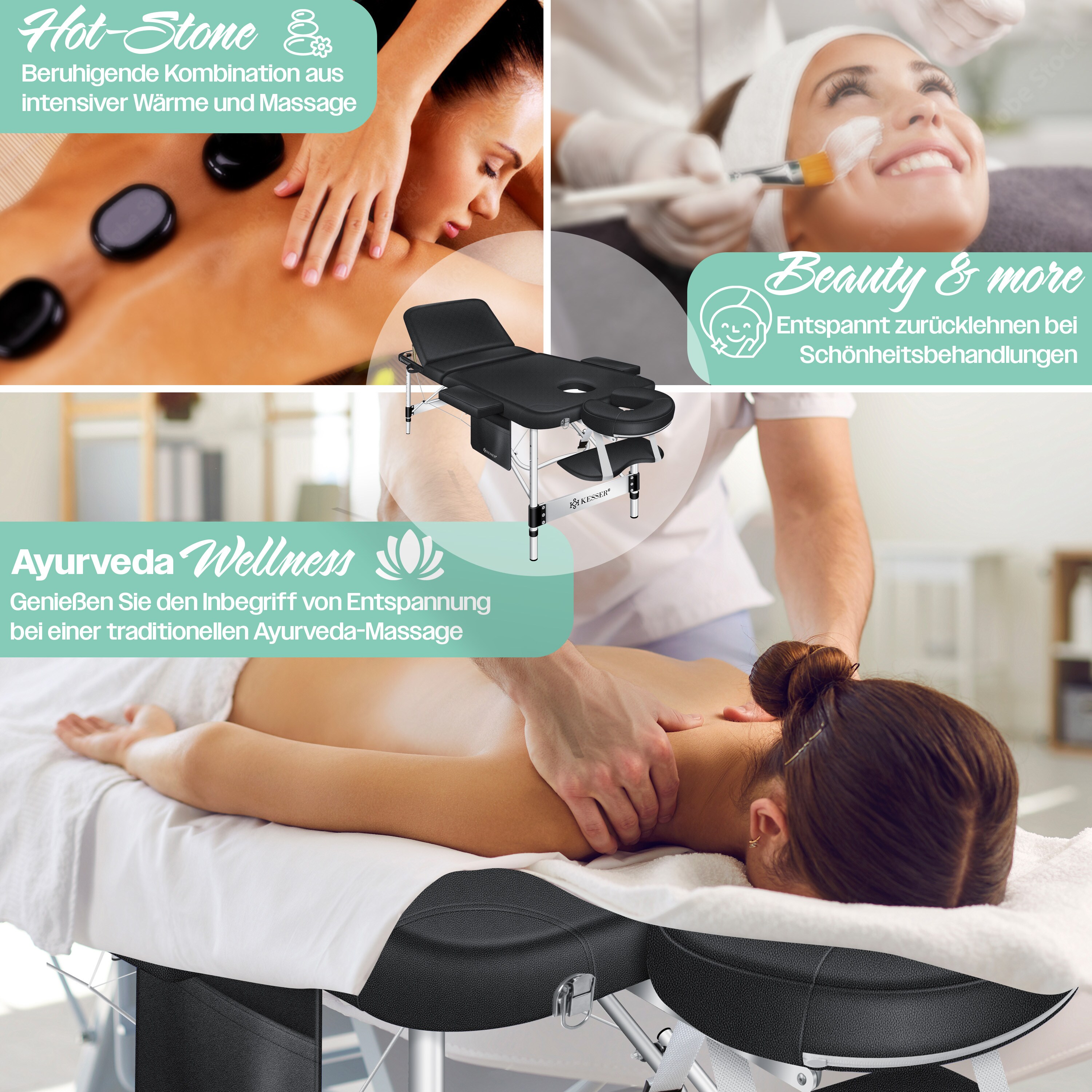KESSER® Mobile Massageliege klappbar & höhenverstellbar 3 Zonen Massagebett Massagetisch Kosmetikliege Breit Therapieliege Aluminium + 10x Gesichtsauflage mit Kopfstütze Armlehnen & Tasche