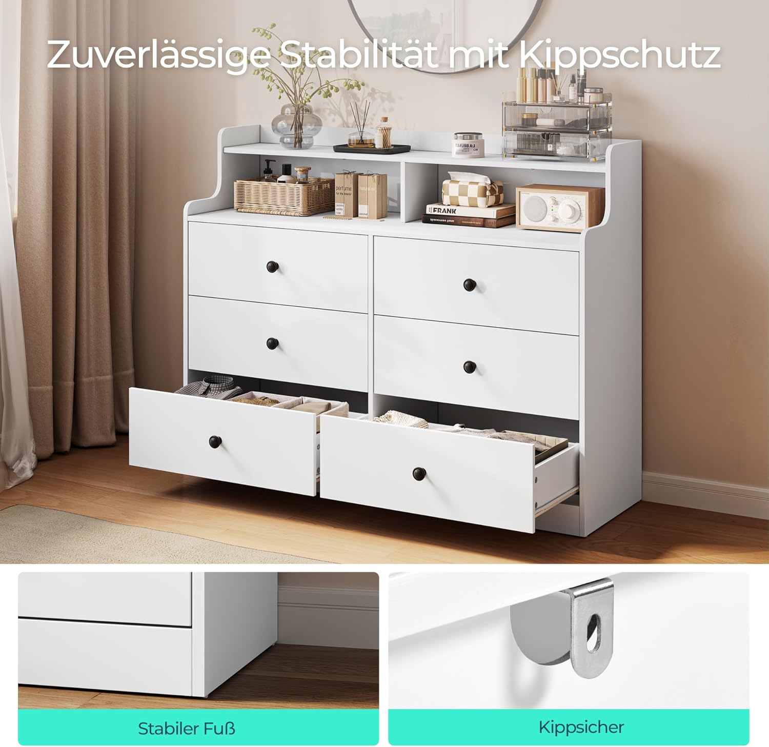 LINSY HOME Kommode mit 6 Schubladen, Weiß – Hochwertiger Schubladenschrank aus Holz, Wäschekommode fürs Schlafzimmer, Modernes Design, Maße: 133 × 102,8 × 39,8 cm