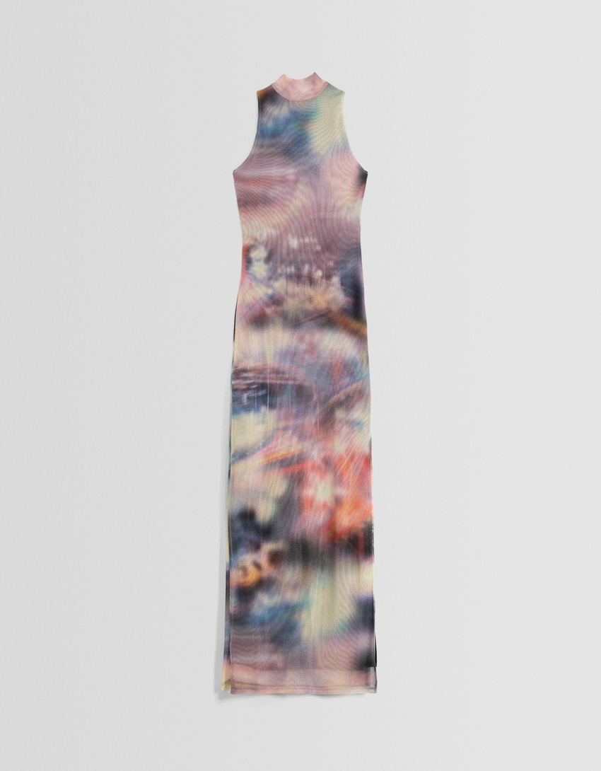 Vestido longo de tule estampado sem mangas