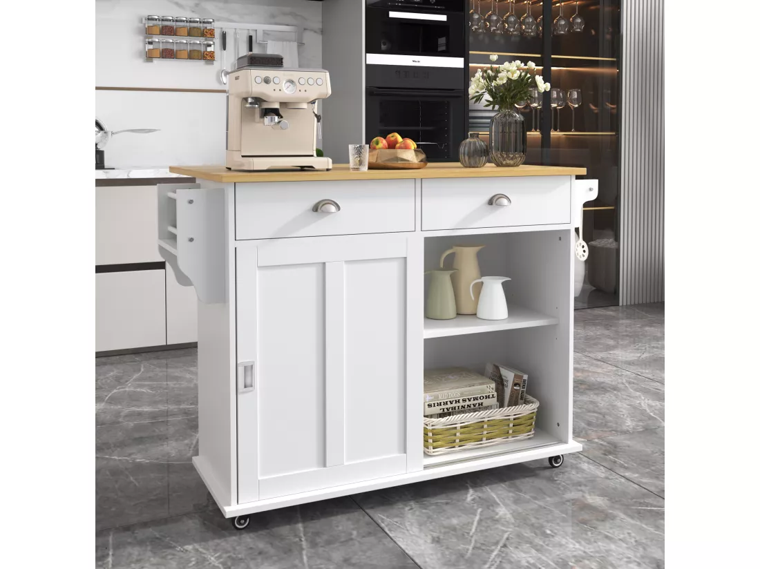 Ilot central de cuisine mobile avec 2 portes coulissantes - plateau extensible - 112x40(70)x94 cm - Bois MDF + métal - Blanc et bois