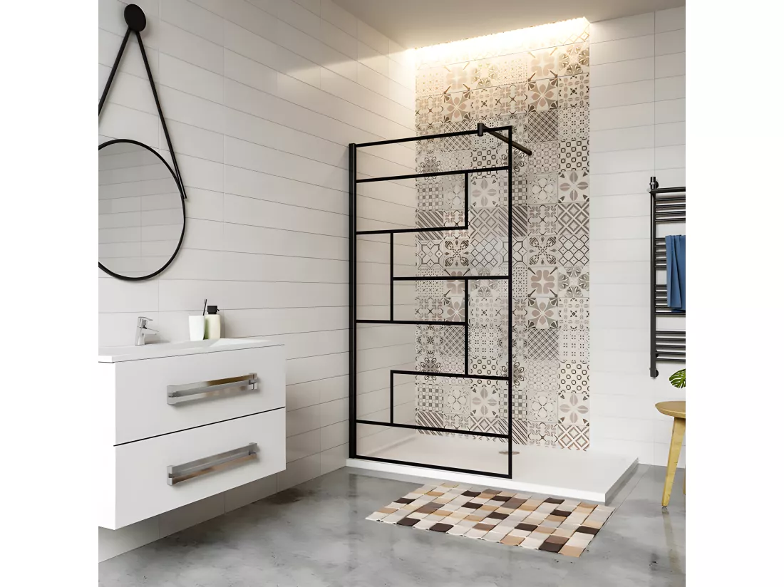 Paroi de douche 100x200cm fixe à l'italienne avec barre de fixation noire 70-120cm extensible, en 8mm verre anticalcaire style moderne