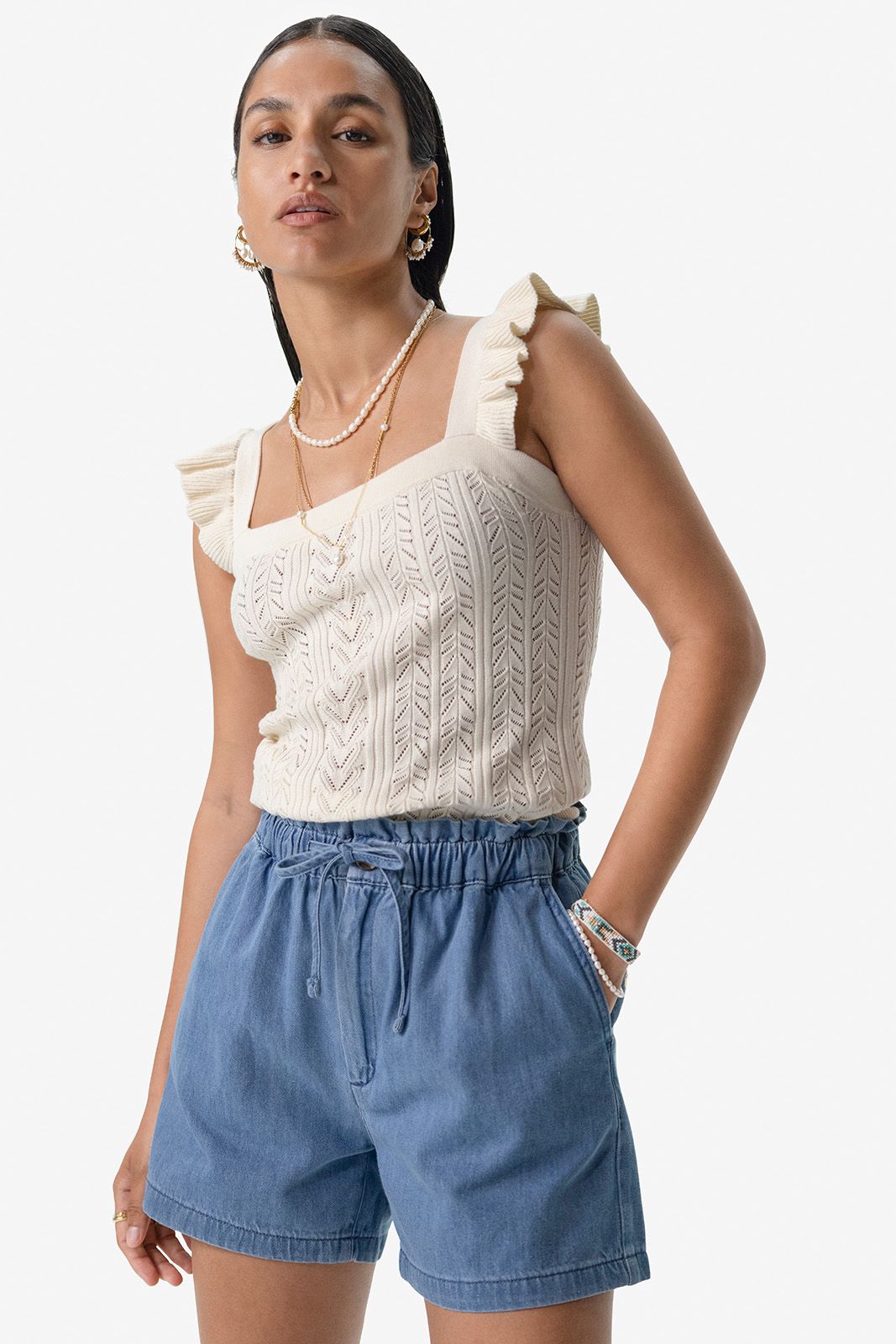 Off-white ajour gebreid singlet met rufflemouwen