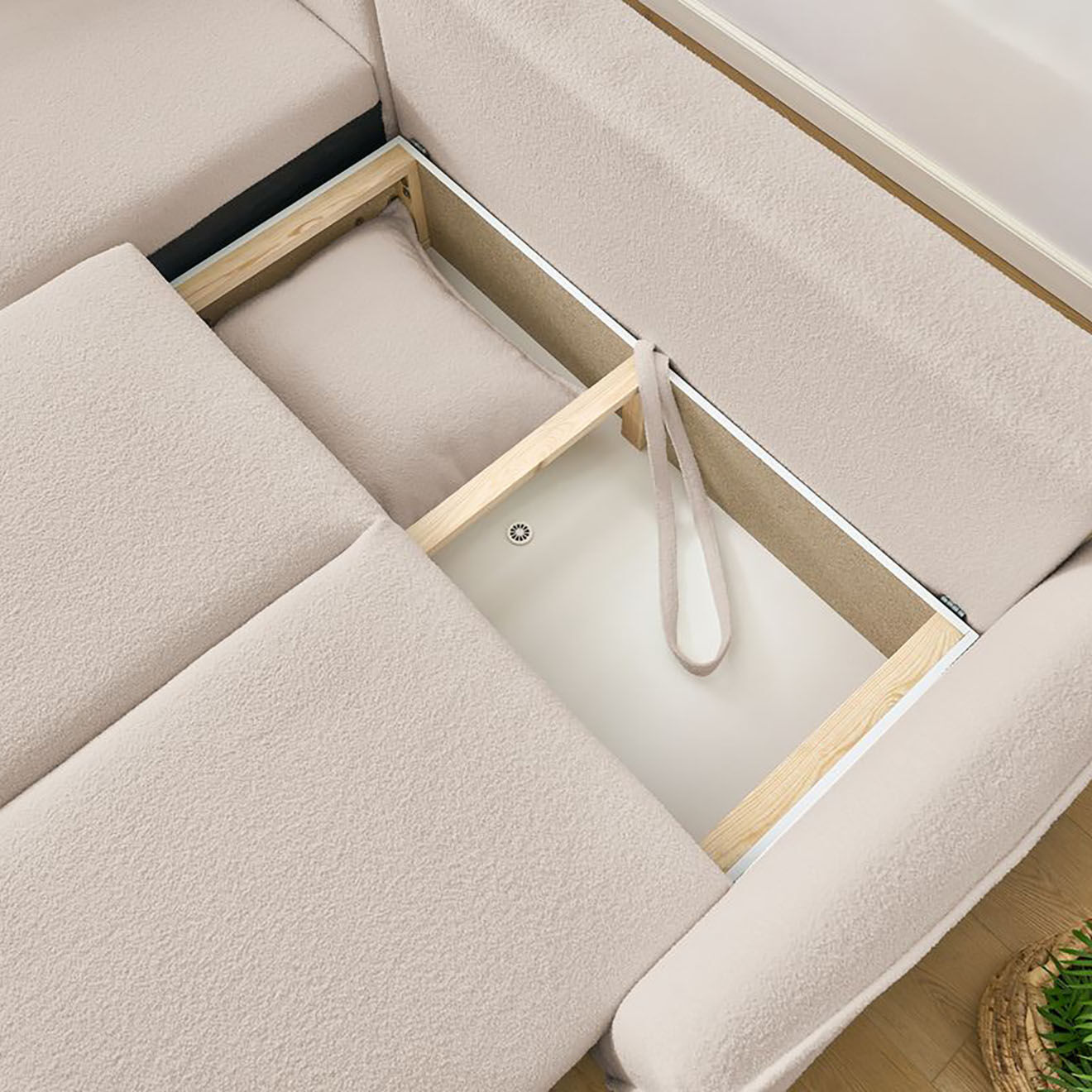 Bobochic Canapé d'angle L gauche convertible bouclette Léon beige - 257x90x194 cm