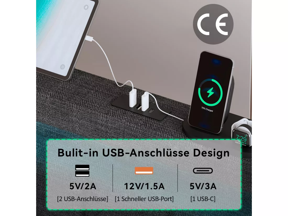 Lit capitonné 90 x 200 cm avec 2 tiroirs - Prises USB, Type C et éclairage LED - Tissu en lin - Gris (sans matelas)