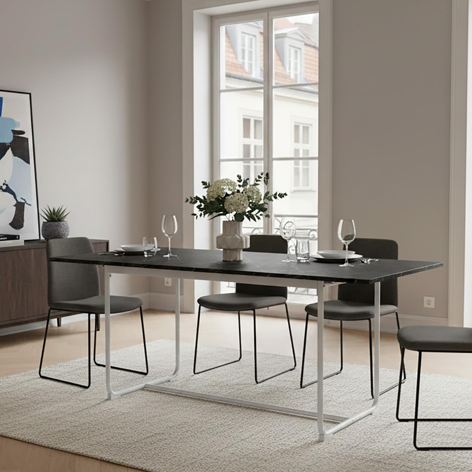 B&D home Esstisch Pius, ausziehbar 120-160 x 80 cm, 4-6 Personen Küchentisch Holztisch mit U Metallgestell für Esszimmer, Küche, skandinavisch Design, Marmor Optik, 11219-120-UW-MSCH