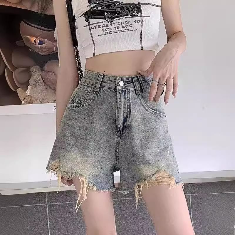 deersweeti - Hoge taille gewassen, versleten denim hotpants