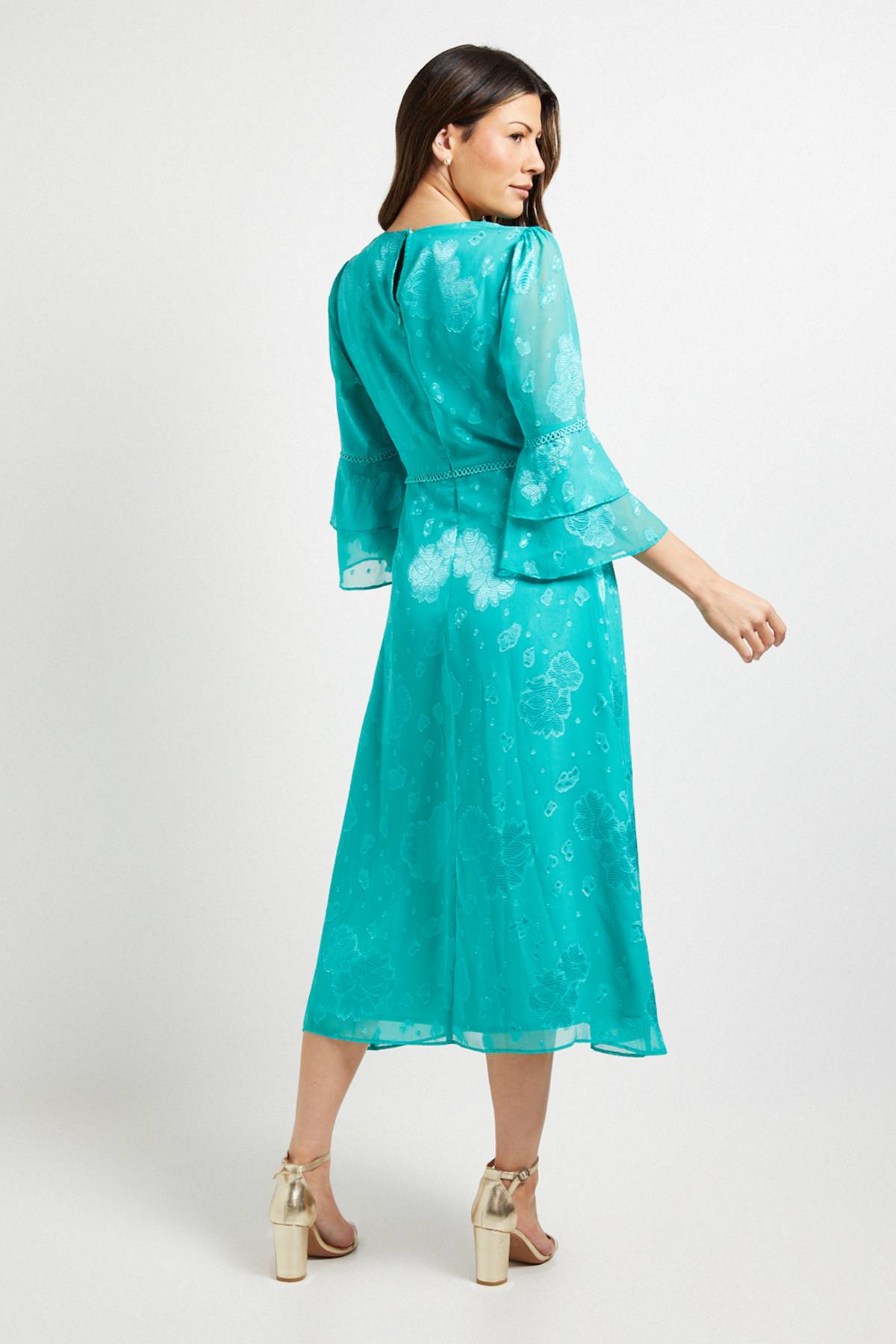 Wallis Robe Midi À Manches Volantées En Tissu Dévoré