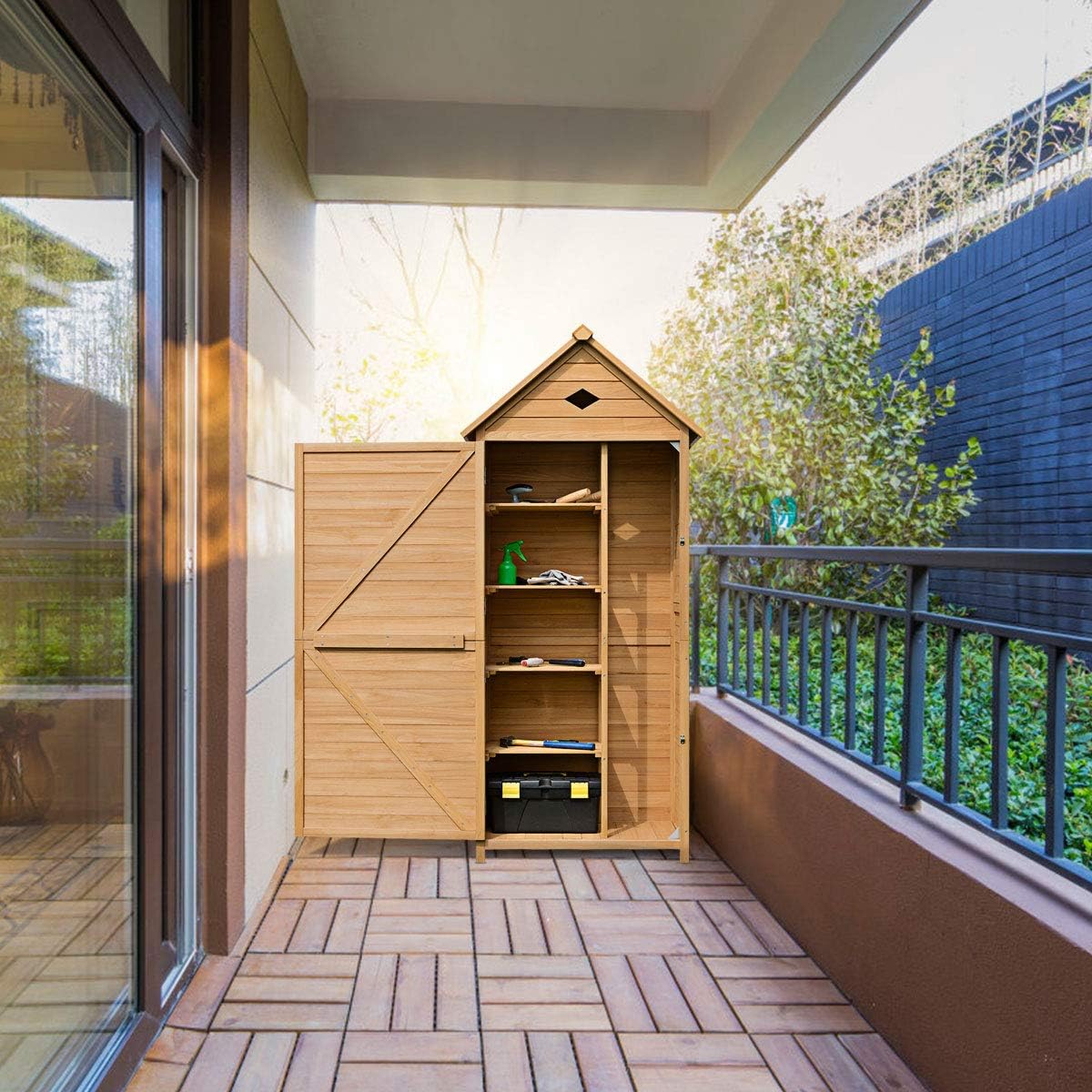 GOPLUS Gartenhaus Holz, 80 x 35 x 176 cm Geräteschuppen mit Satteldach & Ablagen & Schloss, Gerätehaus wetterfest, Gartenschrank Gartenhütte Holzhütte Gartenschuppen für Terrasse & Balkon