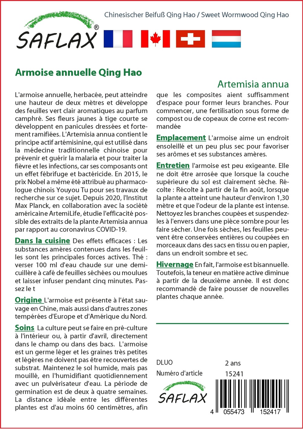 Armoise annuelle qing hao - 250 graines - artemisia annua