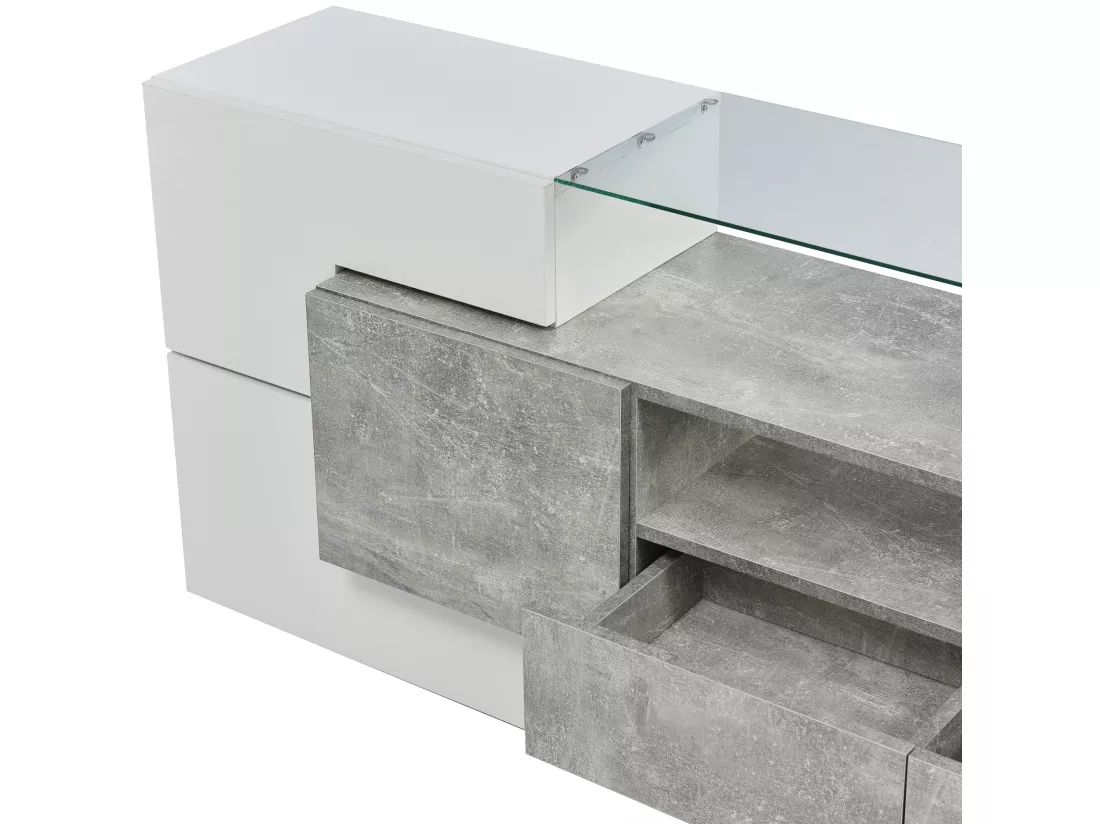 Meuble TV 2m en bois avec 2 tiroirs et 2 étagères ouvertes - Gris & Blanc