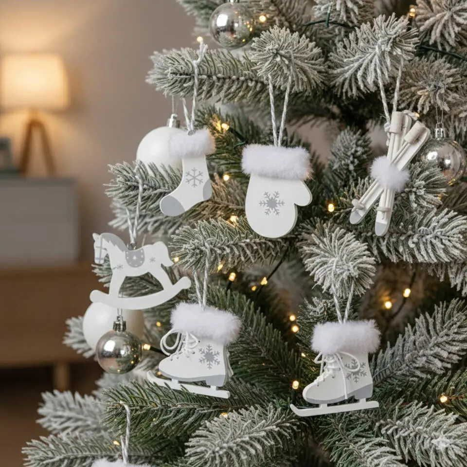 Bellatio decorations Kersthangers - 6x - hout - wit - wintersport