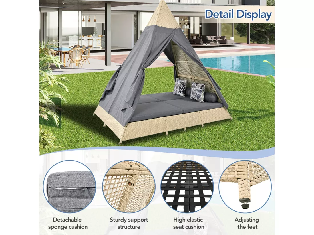 Salon de jardin en rotin - tente 2 à 4 personnes - avec rideau coussins et oreillers - amovible et lavable - 231x161x231cm