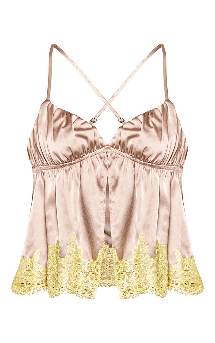Beige Caraco Satiné À Ourlet Fendu En Dentelle Flottant