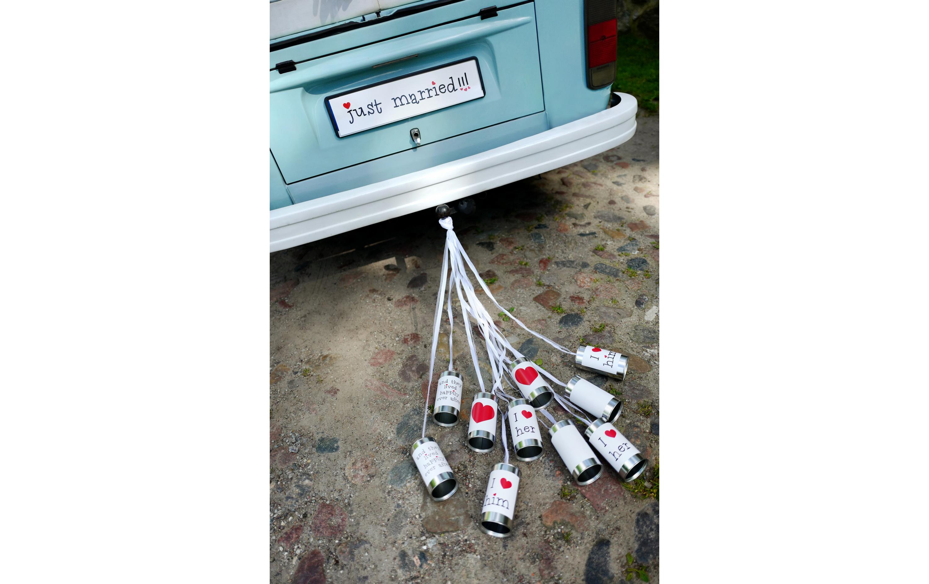 Hochzeitsaccessoire Autodeko Blechdose Silber/Weiss/RotDosen als Autoschmuck für die Hochzeit