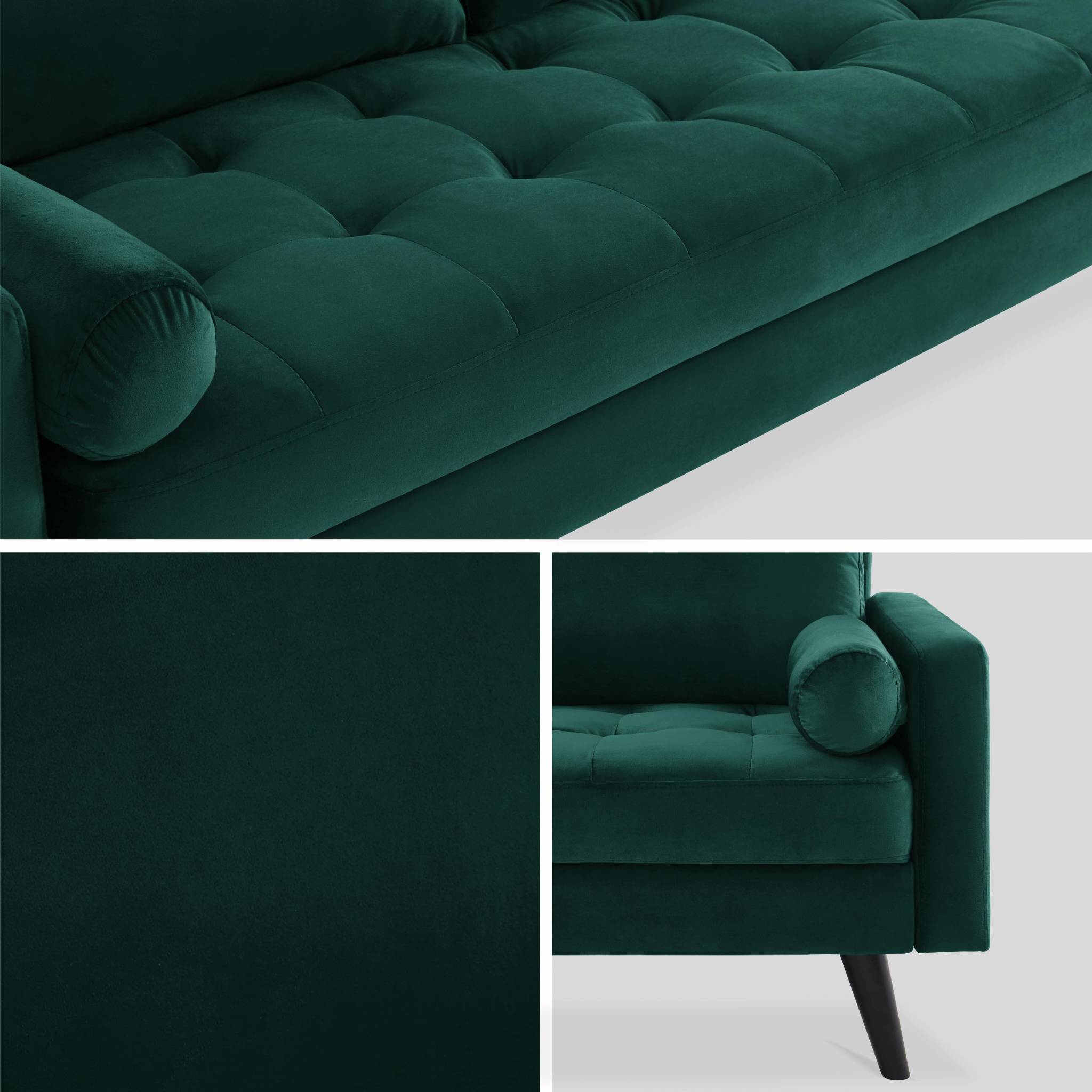 Canapé en velours vert anglais. 3 places scandinave fixe. Droit. Pieds bois noir