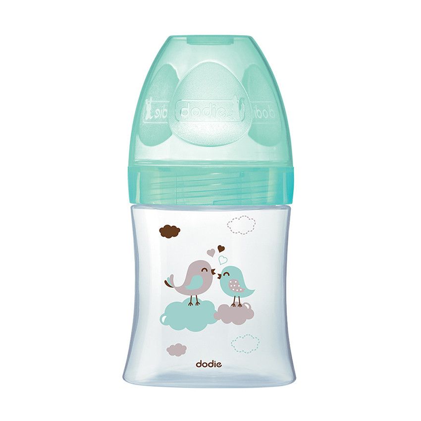 Biberon anti-colique en verre Initiation+ 150ml 0-6 mois - Vert oiseaux - Ecru