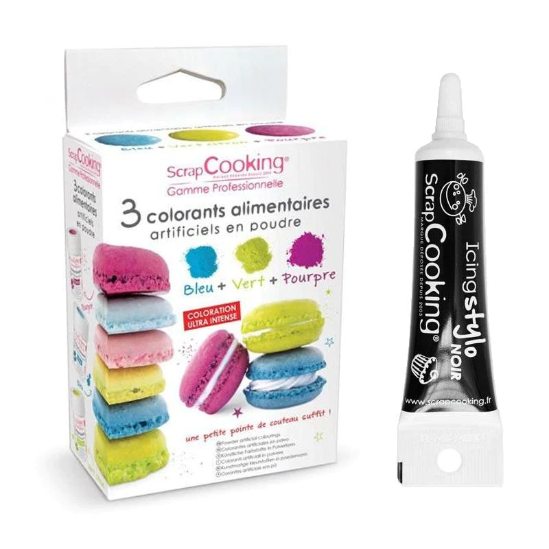 3 colorants alimentaires bleu, vert, pourpre + Stylo de glaçage noir S