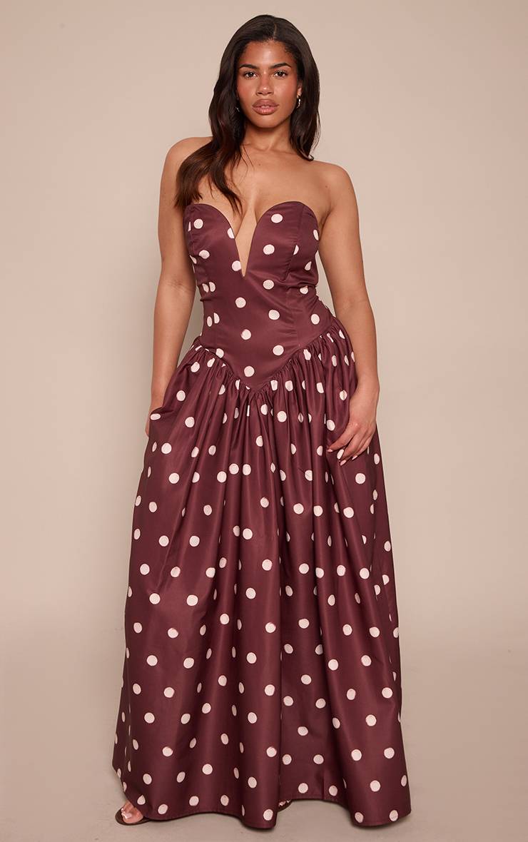 Chocolat Robe Maxi Bustier Plongeant À Pois Crème Shape