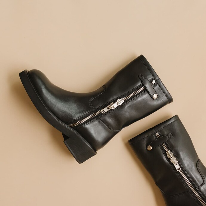 Boots à talons et doubles fermetures éclair  en cuir noir