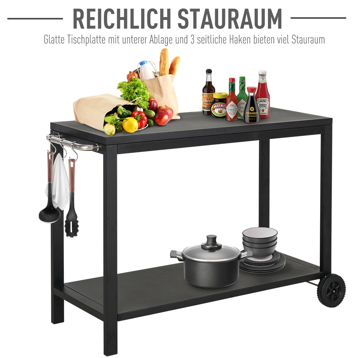 HOMCOM Keukentrolley met wielen, serveerwagen, rolwagen met haken en roestvrijstalen handgrepen, keukentrolley, zwart, 135 x 46,5 x 86,5 cm