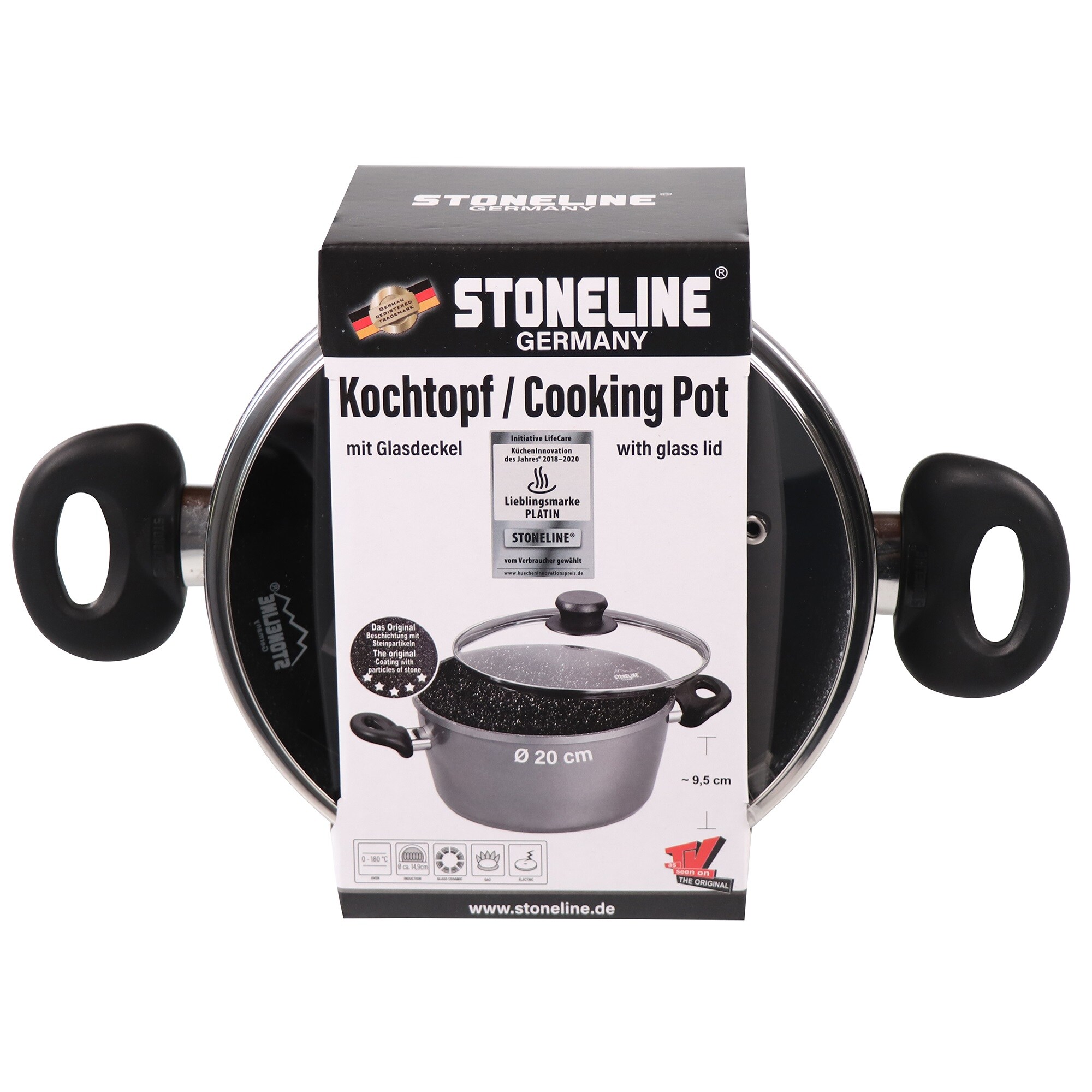 STONELINE® Kochtopf 20 cm, mit Glasdeckel, Antihaft Bratentopf, Induktion und backofengeeignet