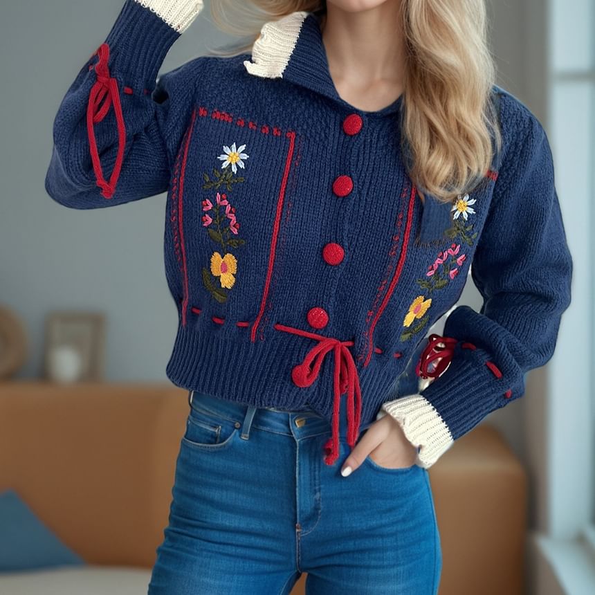 Bolgivy - Cropped vest met kraag, bloemenborduursel, contrasterende rand, strikceintuur en knoopsluiting