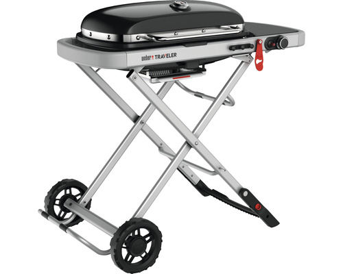 Weber Traveler H 100 cm gasbarbecue, zwart, 1 roestvrijstalen brander, geëmailleerde gietijzeren grillroosters, robuust chassis, automatische dekselvergrendeling