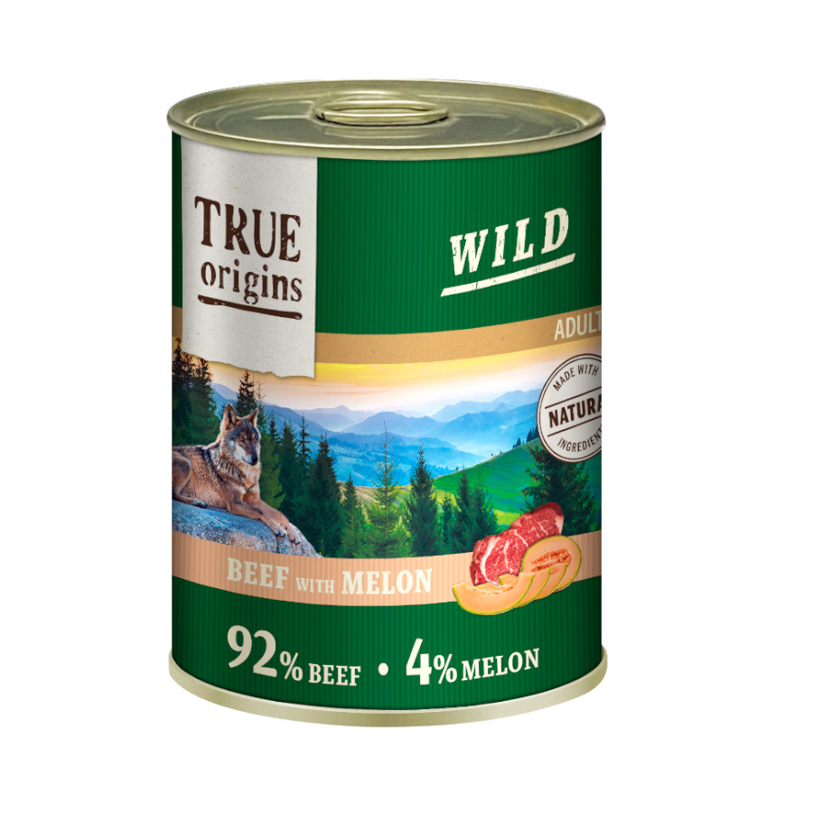 Ração enlatada True Origins Wild Adult com carne bovina e melão para cães, 400g.