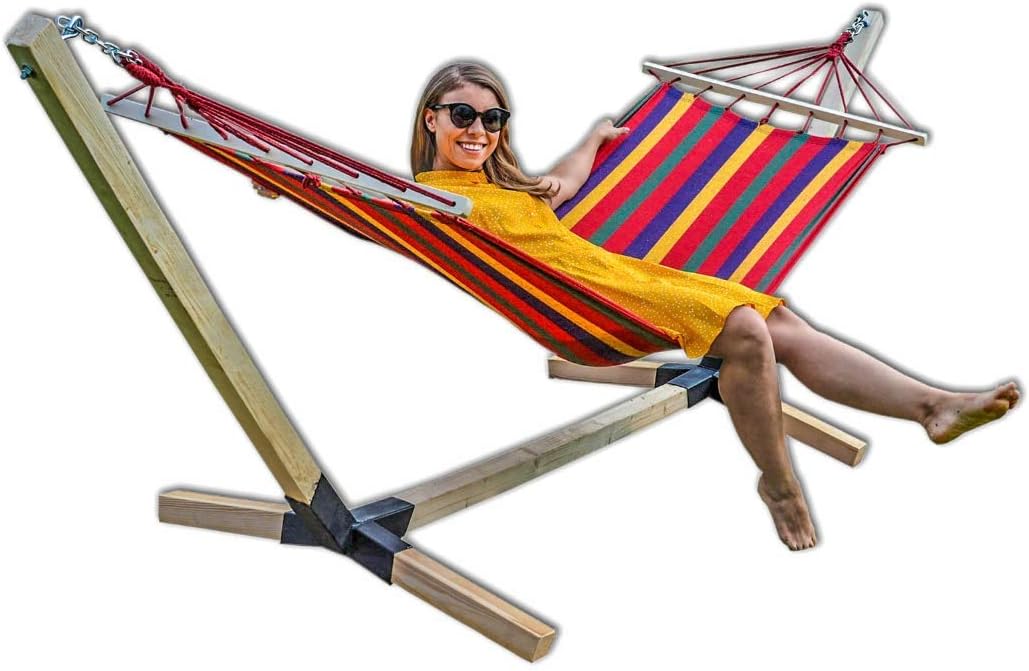 Hängematte im Set mit Buchenholzgestell 320 cm | Bis zu 150kg | Outdoor Hängemattengestell Holz Gestell wetterfest, Stabhängematte (Rot)