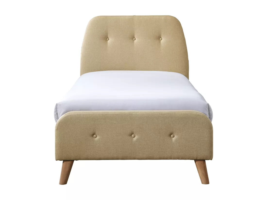 Lit 90 x 190 cm avec tête de lit capitonnée - Tissu - Beige + Matelas - ROMEO