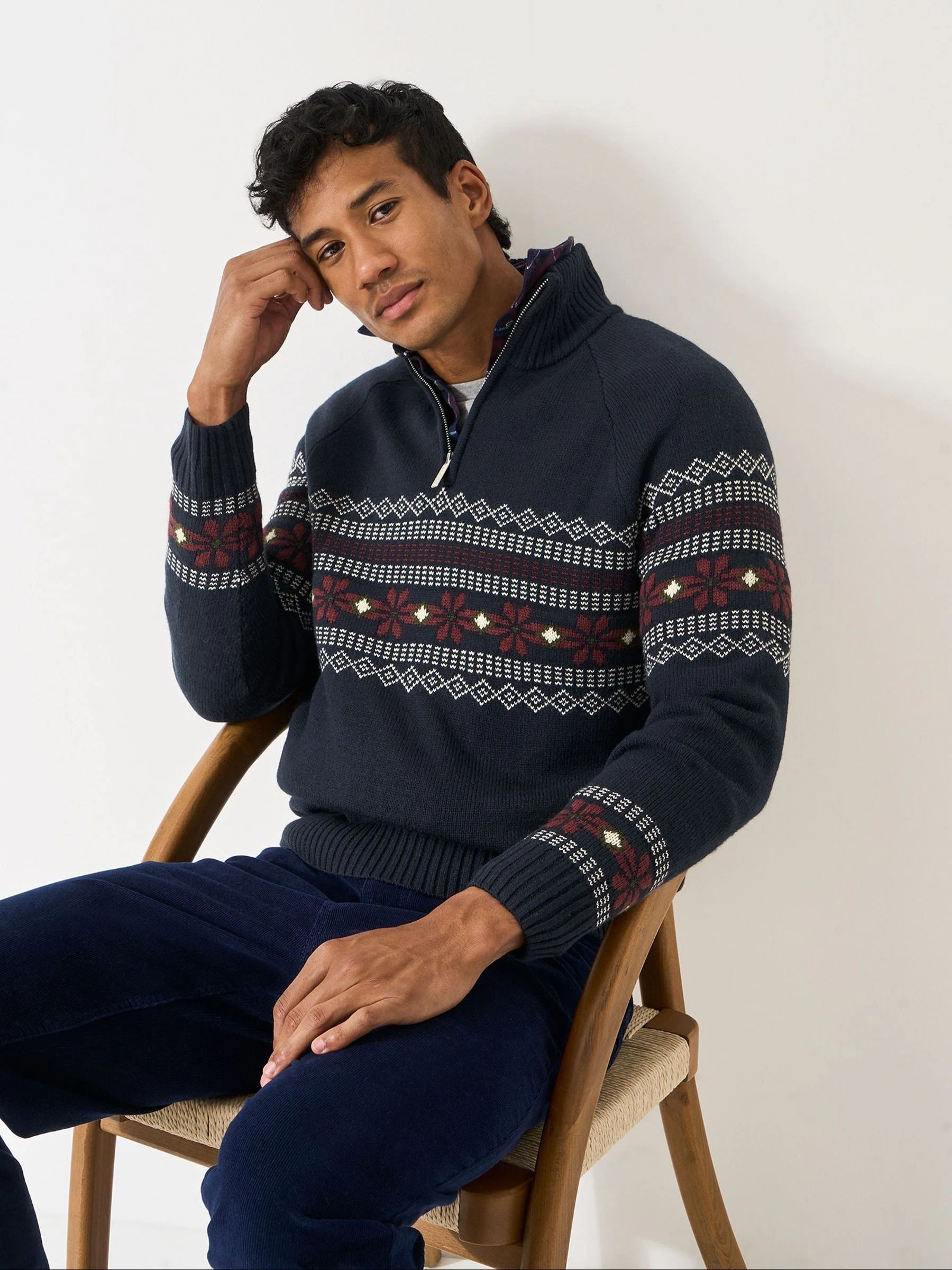 Crew Clothing Company Fairisle Wool Mix Half Zip Jumper