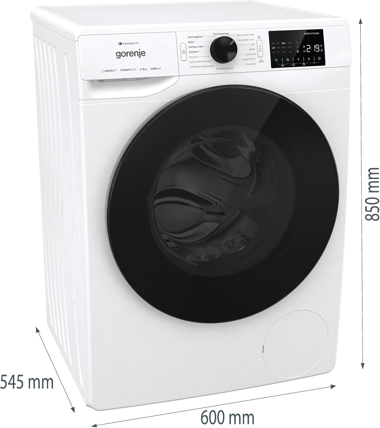 Gorenje WPNEI94DA1TS Waschmachine mit Dampffunktion/ConnectLife / 9Kg / 1400 U/min / 15 Programme/Totaler AquaStop/WaveActive Trommel/ExtraHygiene/PowerWash/Schnell Waschgang/EEK: A-10%