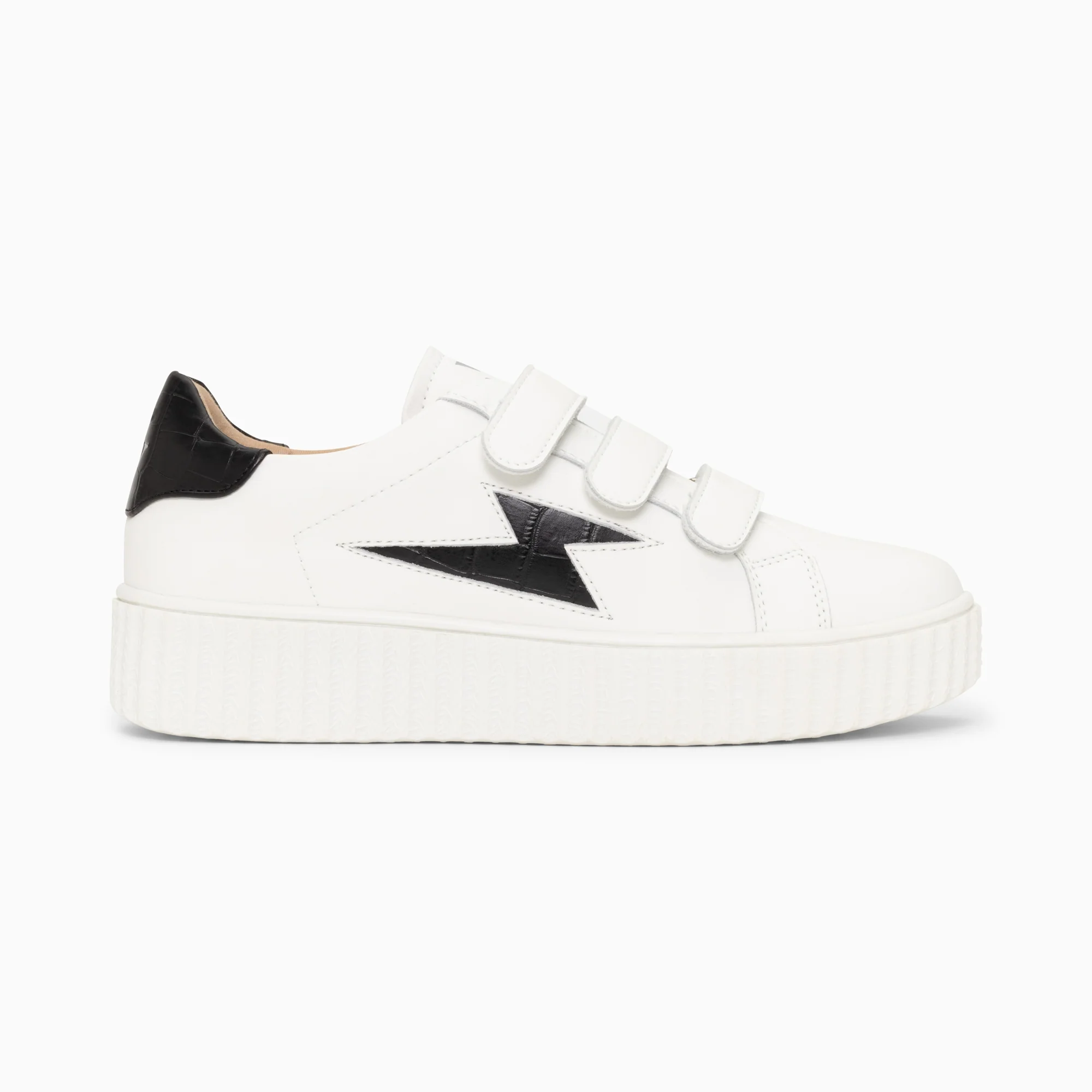 Sneakers-Baskets éclair Elsa blanc et noir croco à scratchs