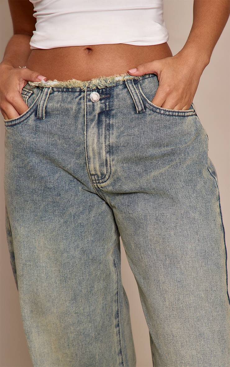 Délavage Vintage Jean Petite Taille Basse Coupe Droite Taille Effilochée