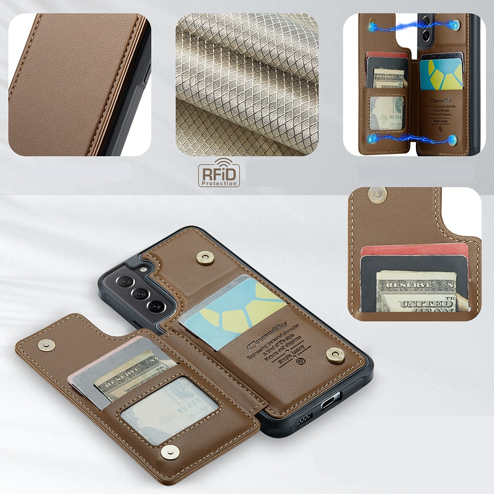 Samsung Galaxy S21 FE 5G Leder Hülle mit Kartenfächern im Litchi Look   Kickstand (RFID Schutz) - Braun