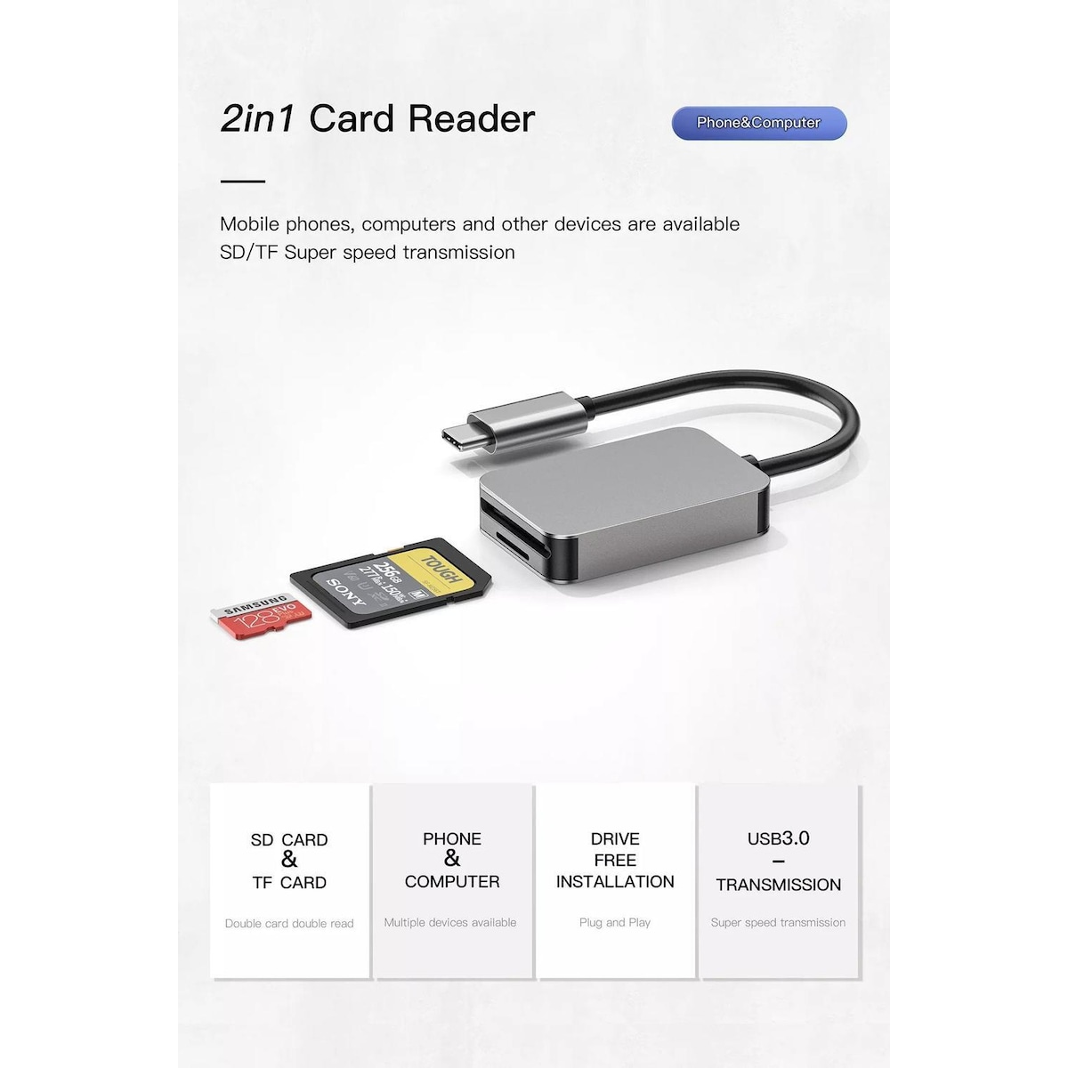 NÖRDIC USB-C 3.1 Kortleser 2 Spor SD 4.0 og MicroSD UHS-II