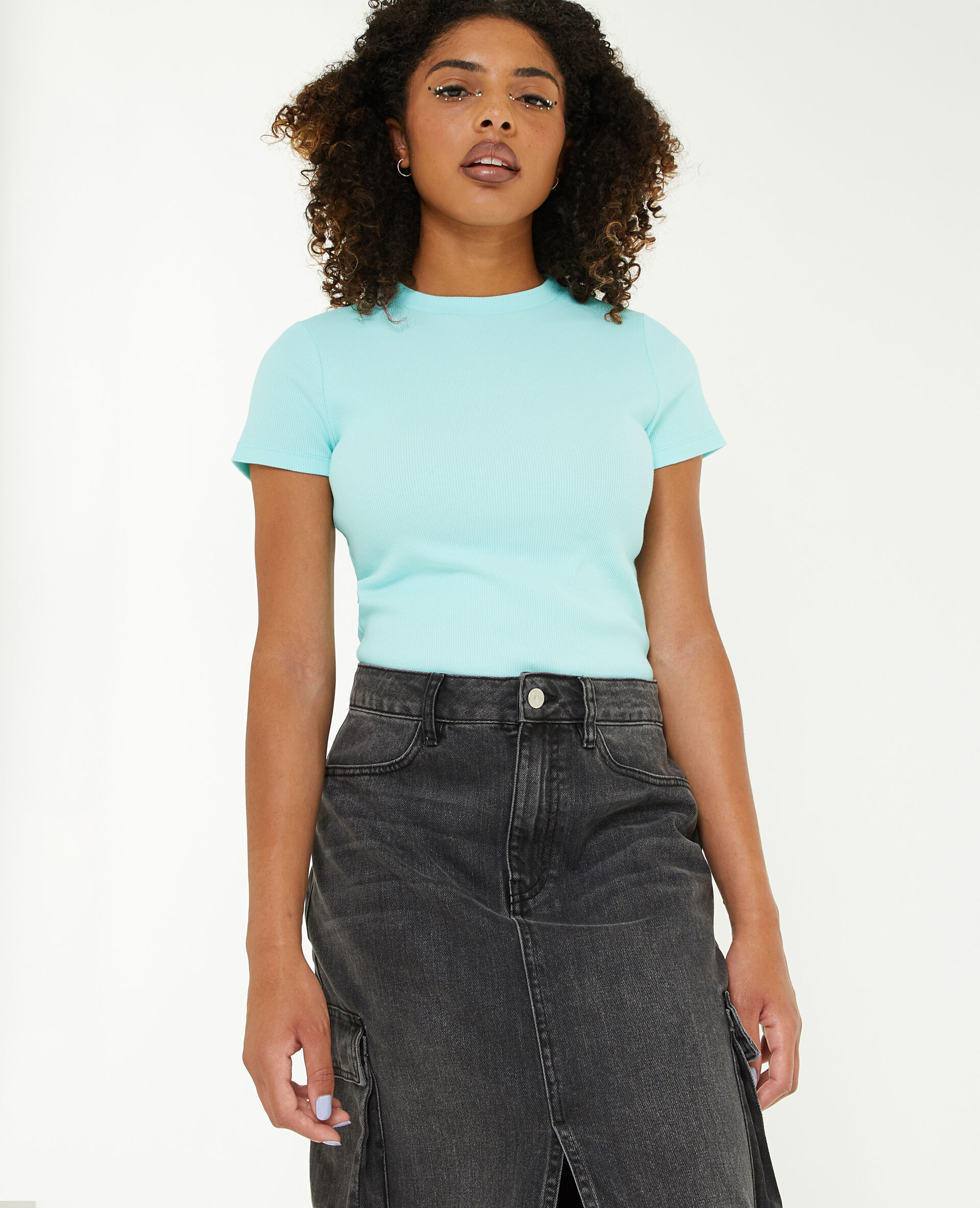 Top maille côtelée - Bleu turquoise