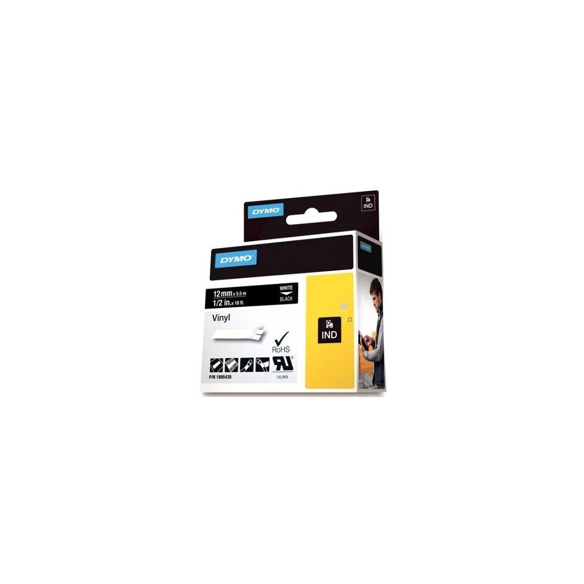 DYMO Rhino Professional, 12mm, merkbar vinylteip,hvit tekst svart teip