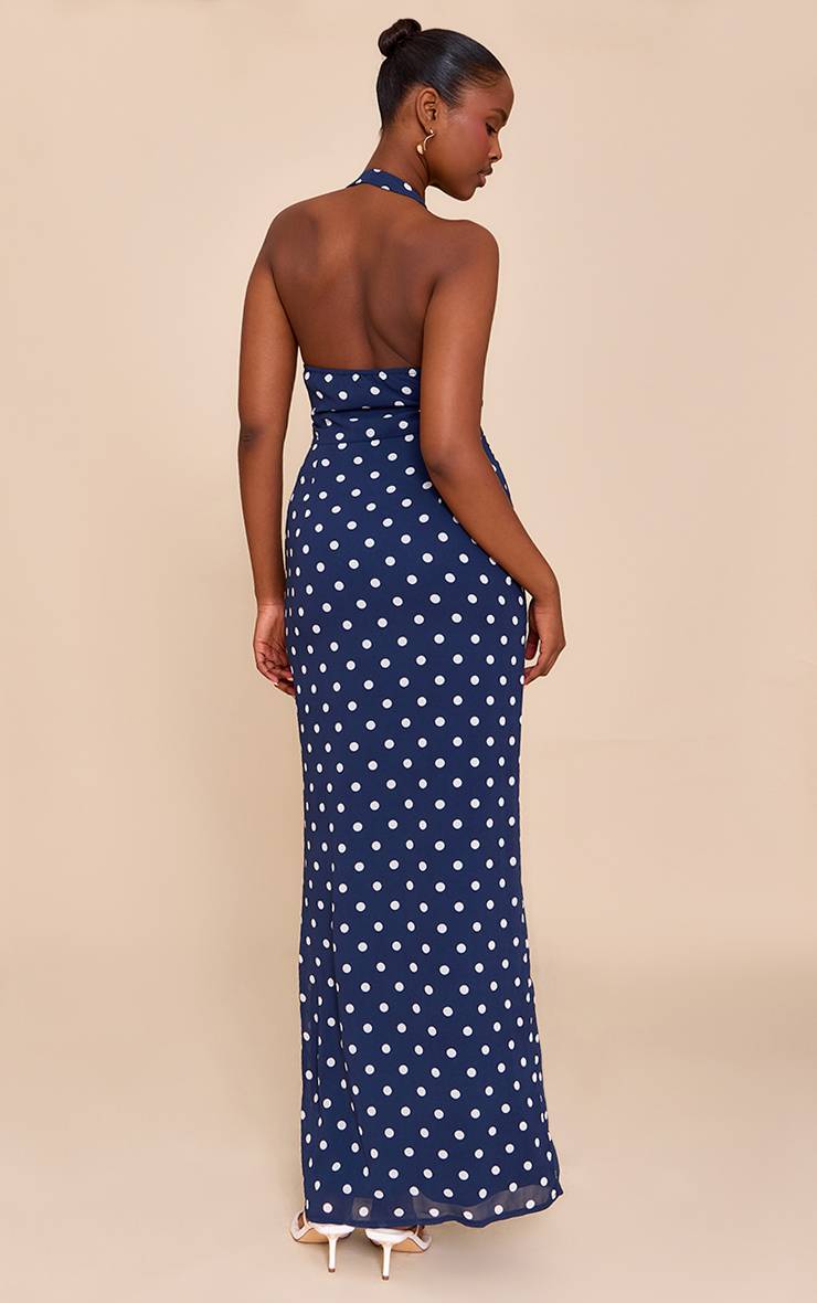 Navy And White Robe Longue En Mousseline À Pois Avec Décolleté Plongeant
