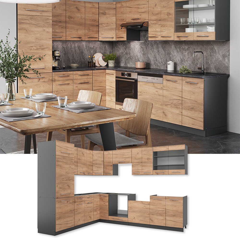 Vicco Eckküche Küchenzeile Einbauküche Fame-Line Anthrazit Eiche 227x287 cm modern Spülenunterschrank Schubunterschrank Eckunterschrank Herdumbauschrank Hängeschrank Kühlumbauschrank Hängeglasschrank