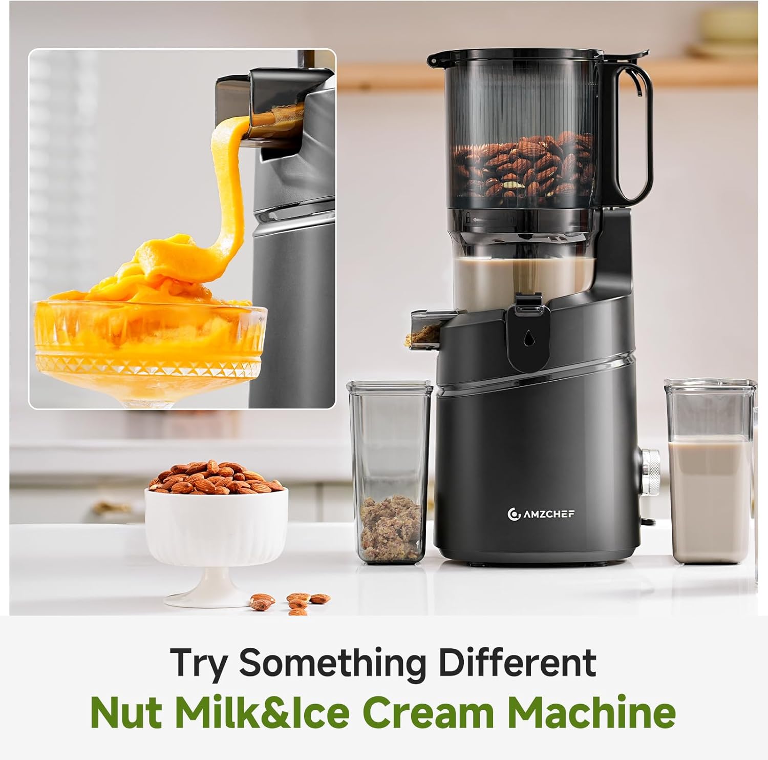 AMZCHEF 250W Automatischer All-In-One Entsafter, 145MM Öffnung und 1,8L entsafter für Gemüse und Obst, Entsafter Slow Juicer Testsieger mit Dreifachem Filter - Schwarz