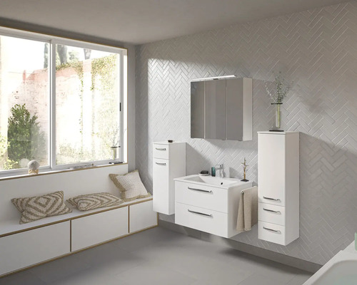 Pelipal Kumba badkamermeubelset (B x H x D): 137 x 200 x 50 cm, witte glanzende fronten, 5-delige set inclusief witte mineraalstenen wastafel, halfhoge kast en onderkast (artikelnr. 99.770126092)