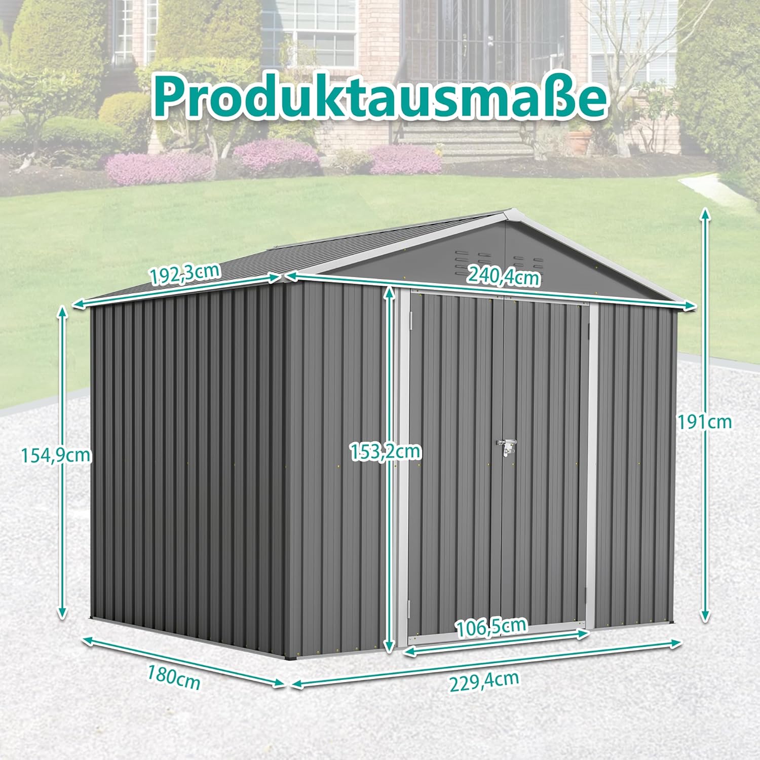 LANTRO JS Gerätehaus Metall 9m³, Geräteschuppen Metall Schuppen mit Klapptür, Gerätehäuser Blech für Werkzeugaufbewahrung, Grau 229.4x180x191cm