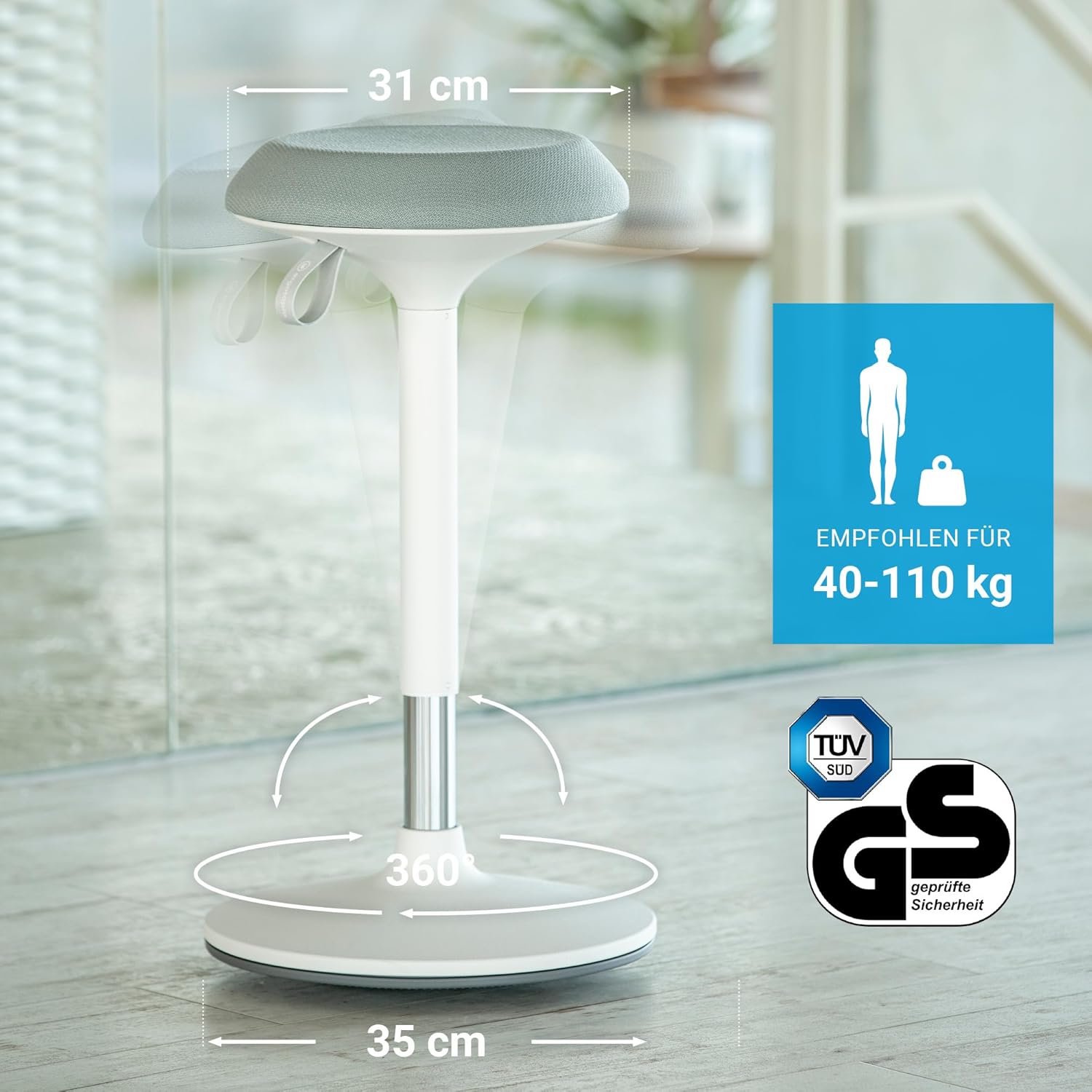 Ergotopia® Dykó ergonomischer Bürohocker - ergonomischer Sitzhocker mit Schwingeffekt - Sitzhöhe höhenverstellbar 56-83 cm - 360° drehbarer Hocker mit dynamischem Standfuß
