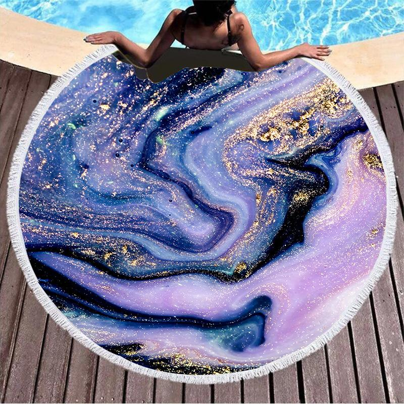 Robustes Mikrofaser Strandtuch Handtuch Beach Roundie (540g / 150cm) Marble Marmor - Lila / Gold