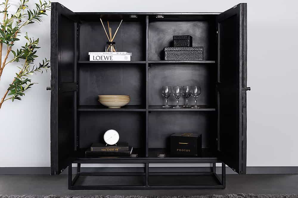 Massives Highboard BARRACUDA 120cm grau Mangoholz mit Teakholz-Front schwarz Metall